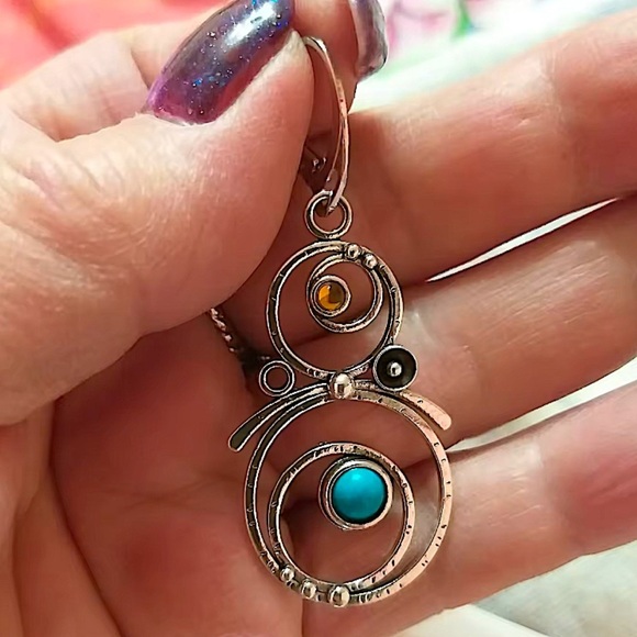 Bohemian Round Blue Stone Earrings Handmade Silver Engraved Round Dangle - Picture 7 of 7